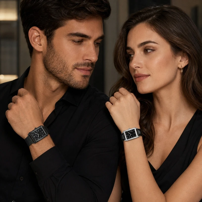 2PCS Square Couple Quartz Wristwatch Classic Business Roman Dial With Date Leather & Mesh Band Clock Gift For Him And Her