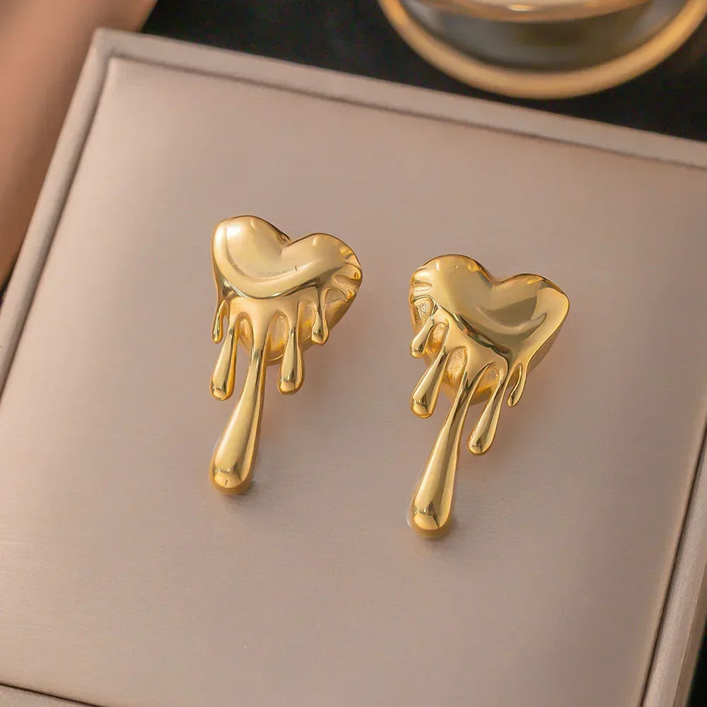 New Waterproof Stainless Steel Heart Shape Melted Stud Earrings For Women Gold Plated Trendy Jewelry Party Gifts  Accessories