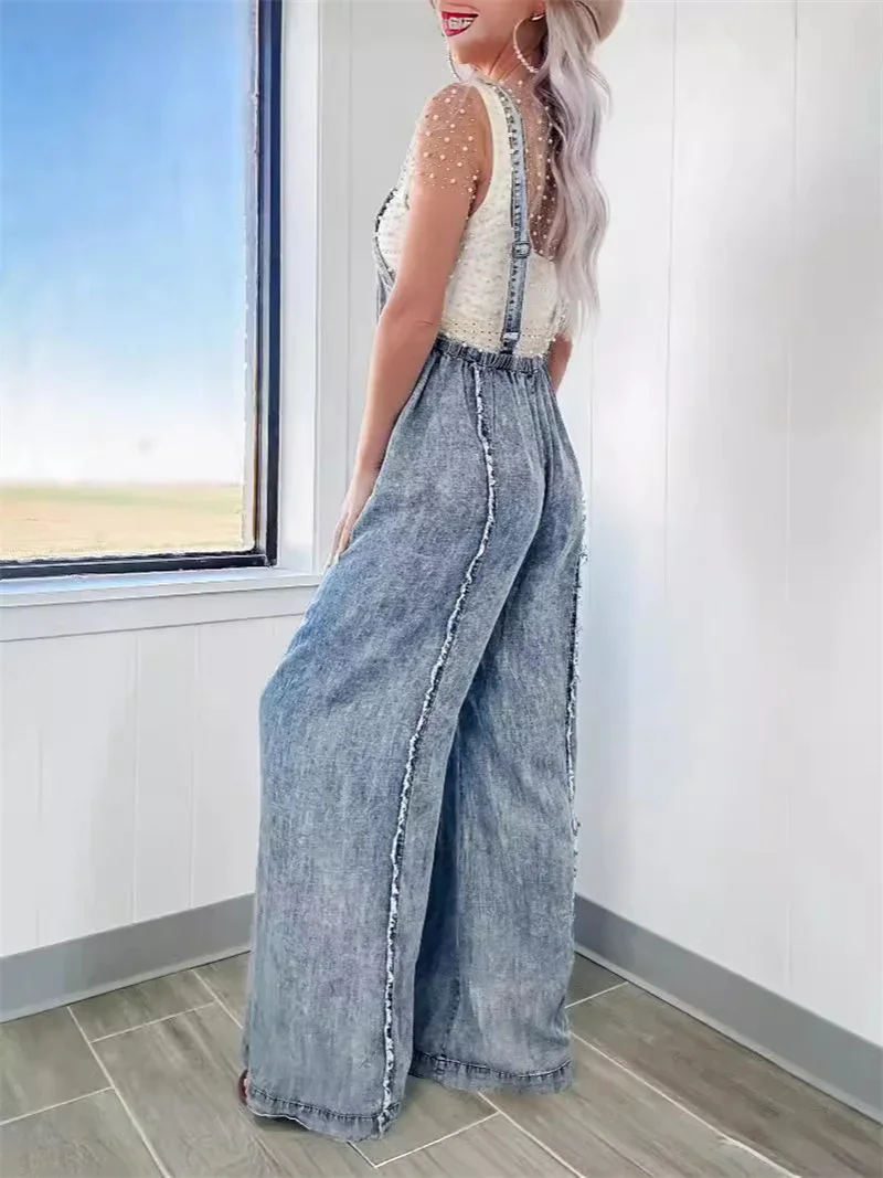 Vintage Washed Raw Edge Denim Jumpsuit Women Backless Adjustable Strap Pants Female Wide Leg One-piece Jeans Rompers Streetwear