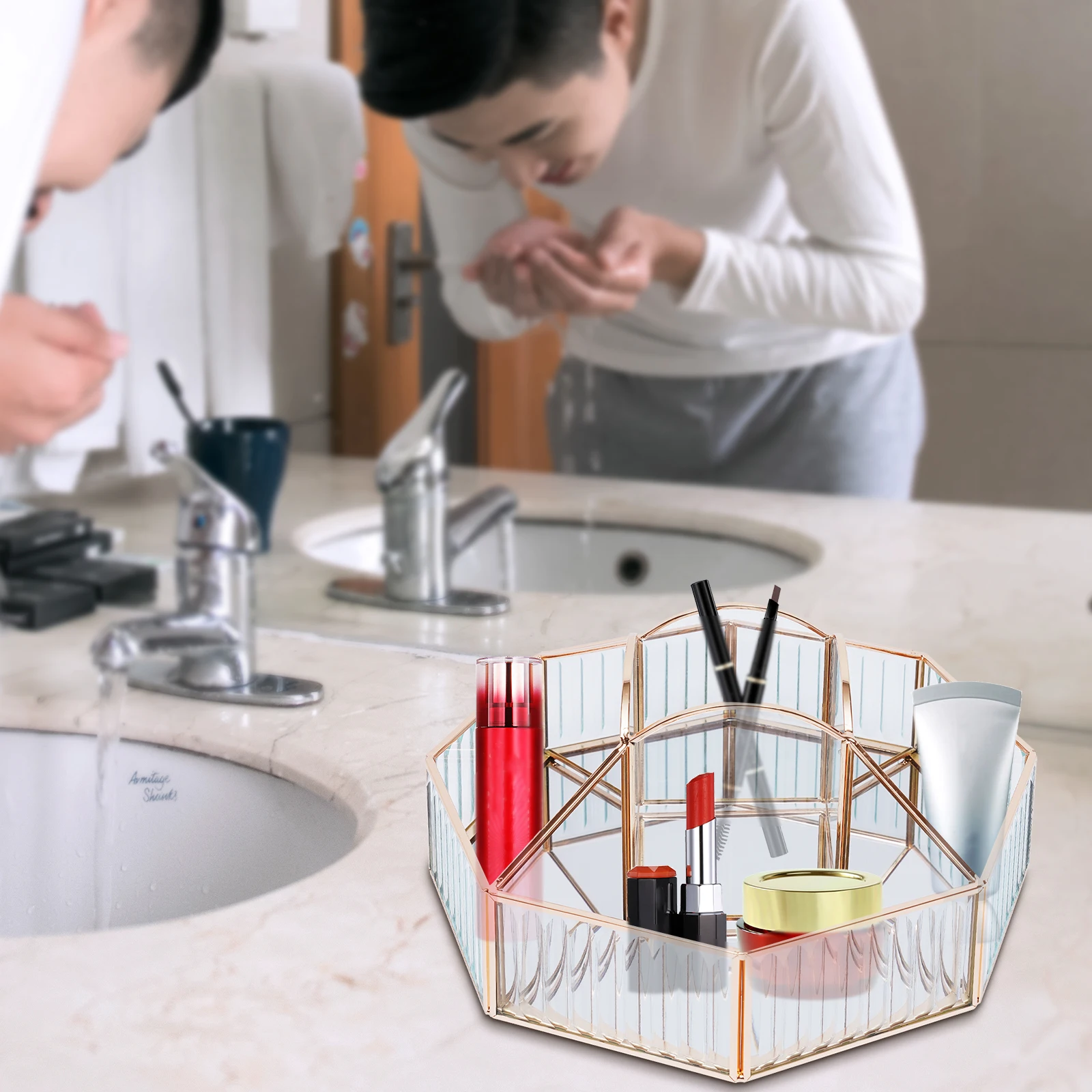 360 Degree Rotating Adjustable Cosmetic Storage Display Case with Gold Antique Countertop Mirror Glass Fits Makeup Brushes