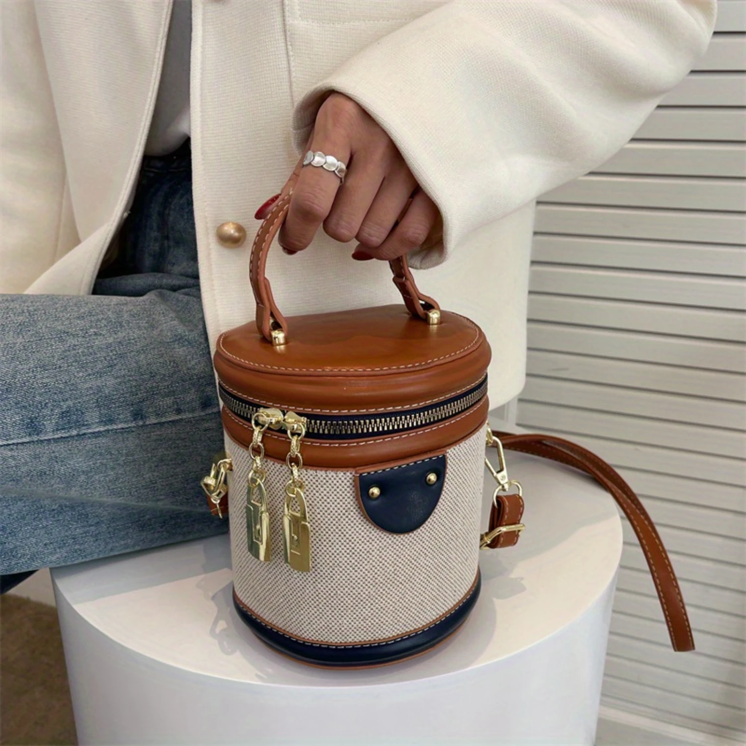 

Color Contrast Bucket Bag, Retro Cylinder Crossbody Bag, Fashion Round Handbag & Purse