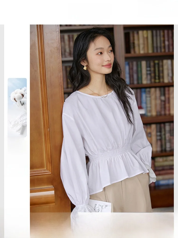 

Женская хлопковая рубашка свободного кроя с круглым вырезом и длинными рукавами, однотонная, осенняя новинка, модный топ для похудения