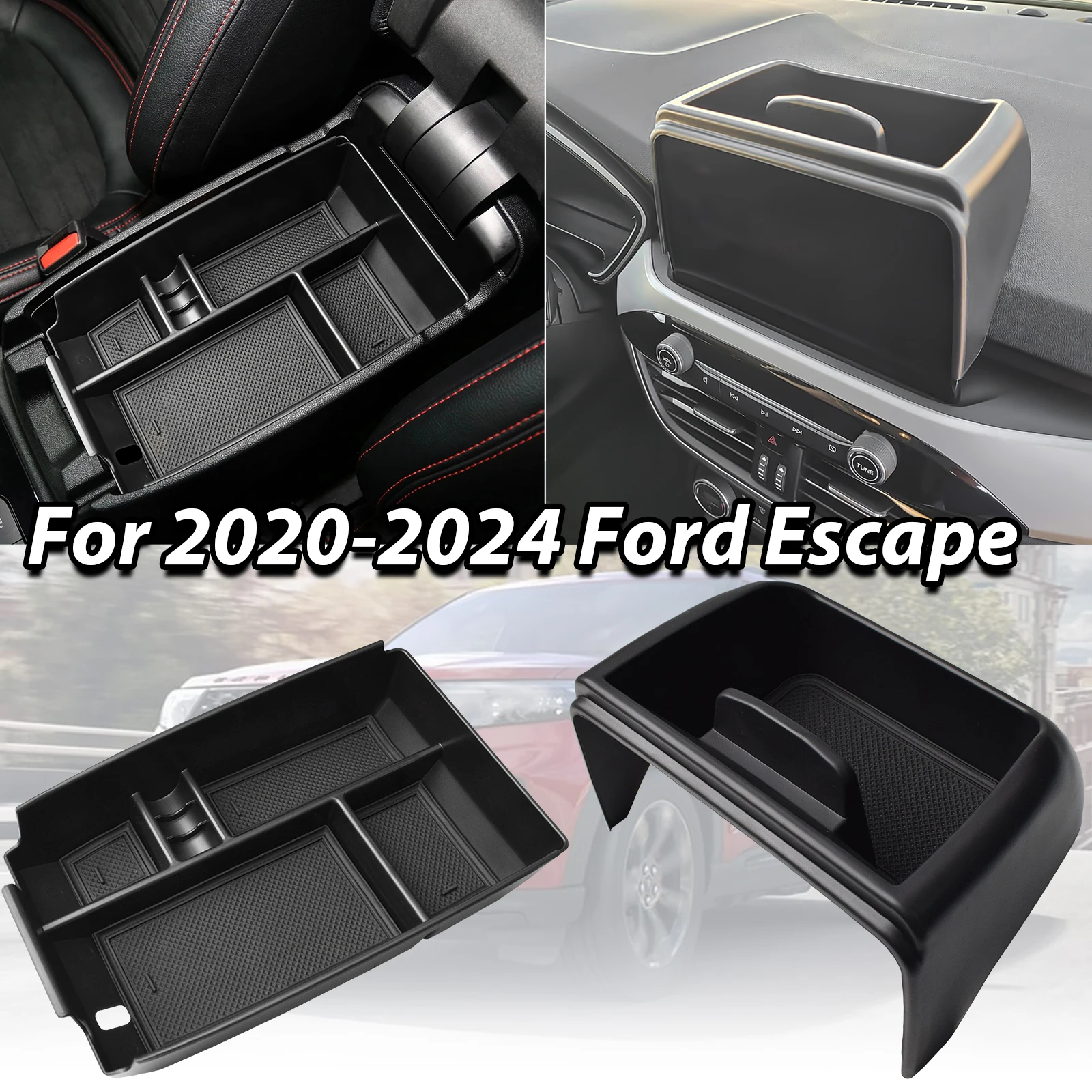 

For for 2020-2024 Ford Escape Center Console Dashboard Storage Tray Fits 8-inch Screen 2PCS Center Console Organizer Armrest Box