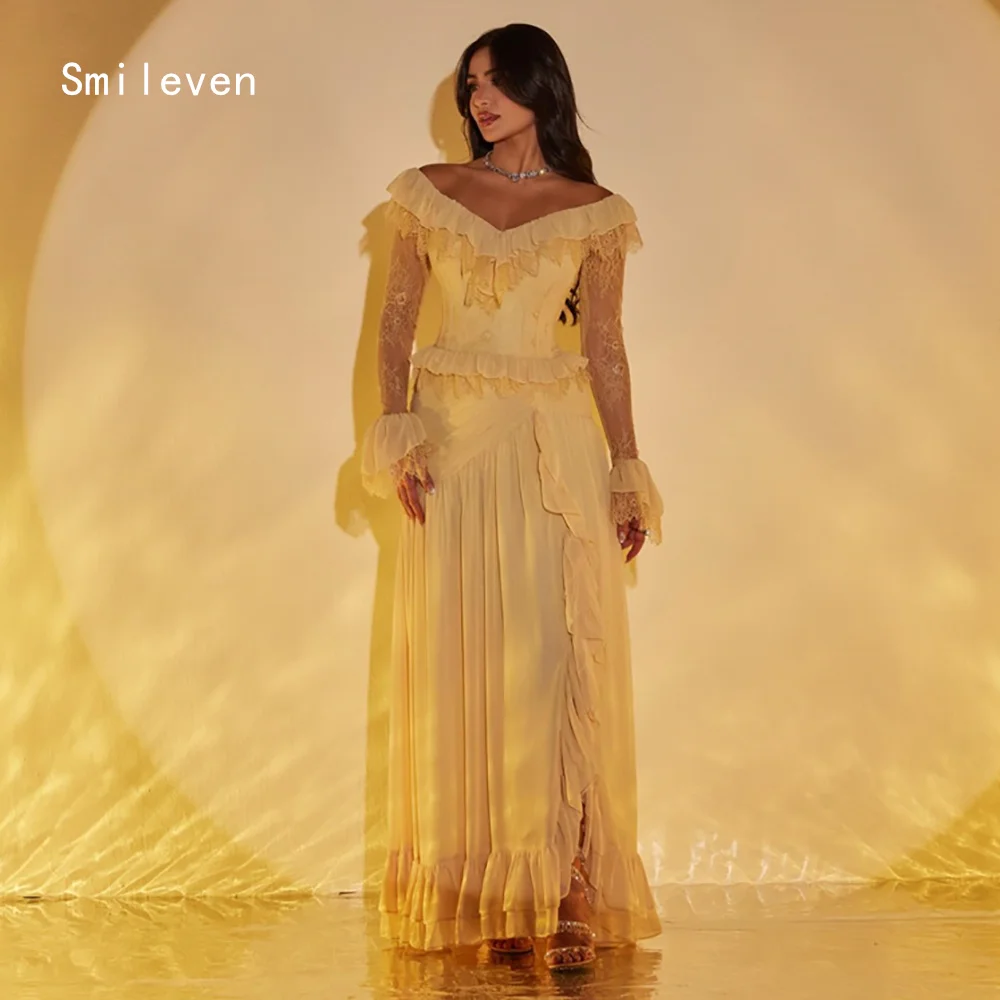 Smileven Luxury Ruffles A Line Evening Dress V Neck Formal Prom Dresses Vintage Appliques Lace Party Gowns Customized 2026