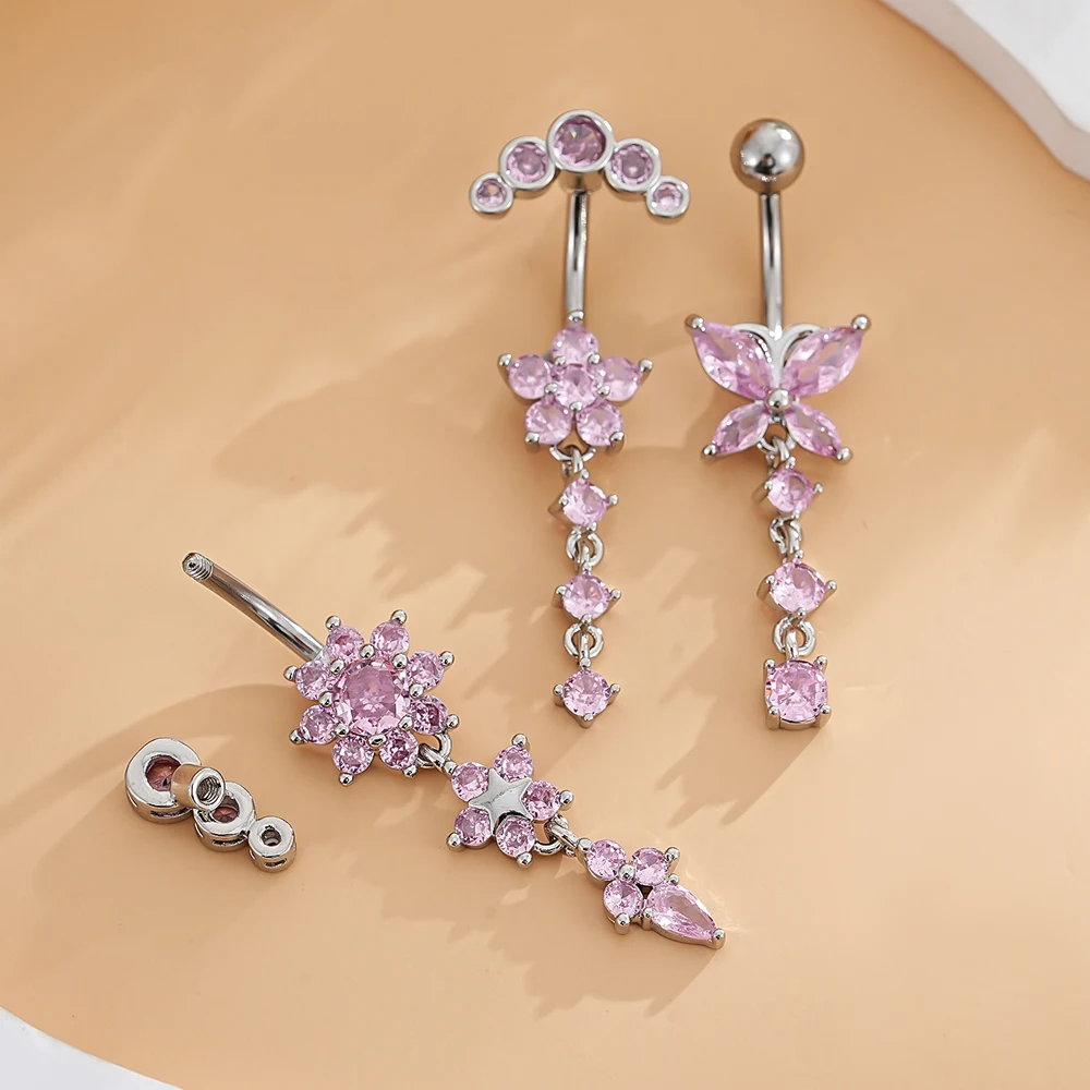 3-6pcs/lot Crystal CZs Belly Ring Set Stainless Steel Reversed Bar Belly Clicker Piercing Jewelry Gold Heart Flower Navel Rings