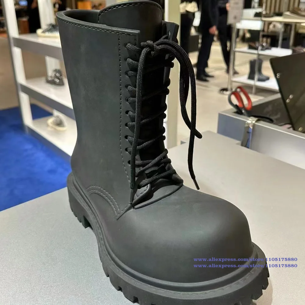 

Black Leather Lace-Up Motorcycle Men's Boots Round Toe Chunky Sole Waterproof Ankle Booties Designer Men's Shoes Botas Mujer