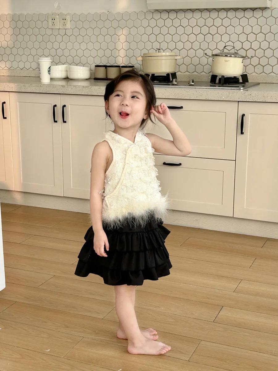 Girls Vest 2024 Spring Summer New Style Girls Simple Childrens Solid Color Cute Gentle Sweet and Elegant Vest