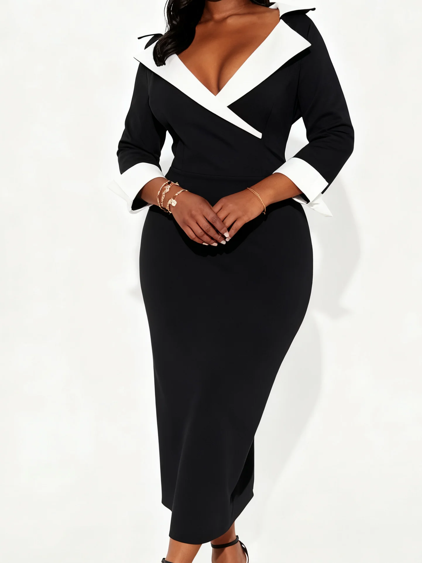 Vestido ajustado con escote en contraste para mujer, elegante vestido de mujer de longitud media con cuello bloqueado de color, moderno y colorido