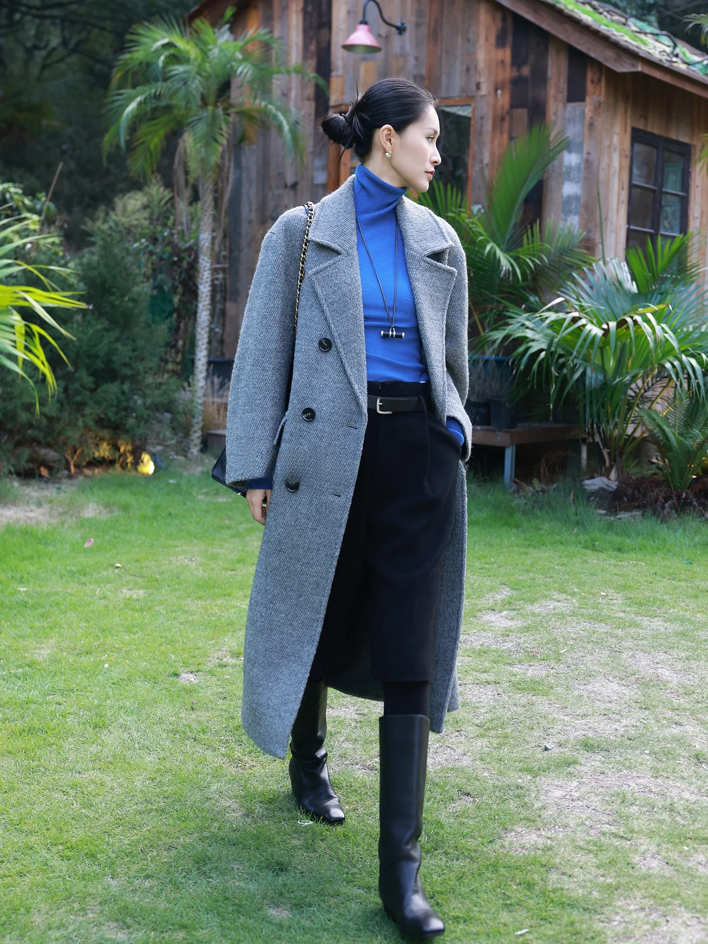 

JIEJI Zhang Осенне-зимнее длинное шерстяное пальто женское с отложным воротником, двубортное, на пуговицах, утепленное, верхняя одежда