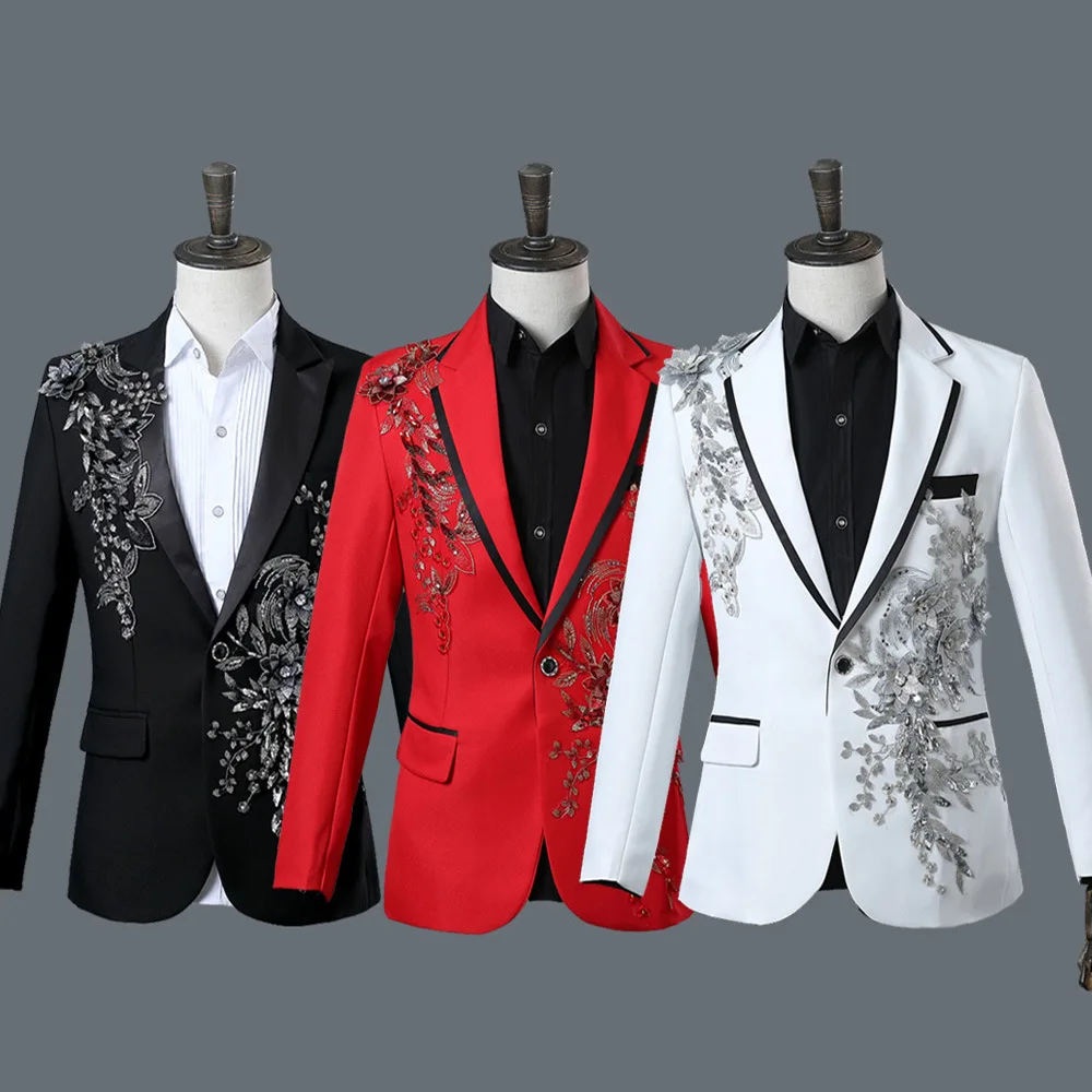 

Men Singer Stage Performance Suit Nightclub Bar Hosting Tuxedo with 3D Double Side Rhinestone Embroidery