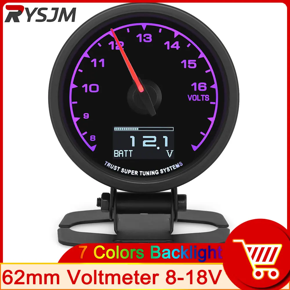 

Universal Waterproof 62mm Voltmeter Volt Gauge 8-16V with 7 Colors Backlight Indicator for 12V Car Digital Display Volt Meter