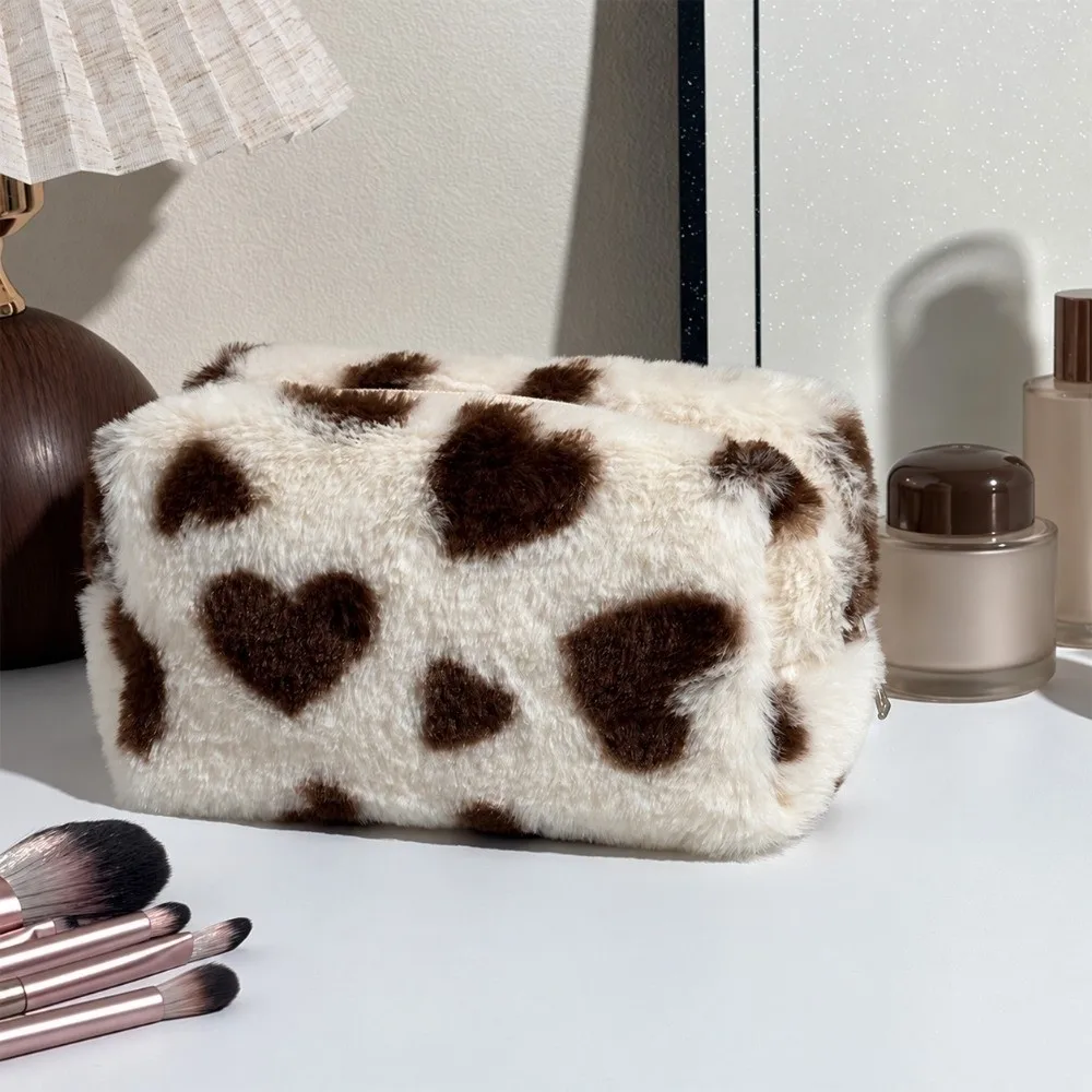 1Pc Ins Fluffy Makeup Bag Heart Print Large Capacity Cosmetic Pouch Makeup Pouch Home Travel