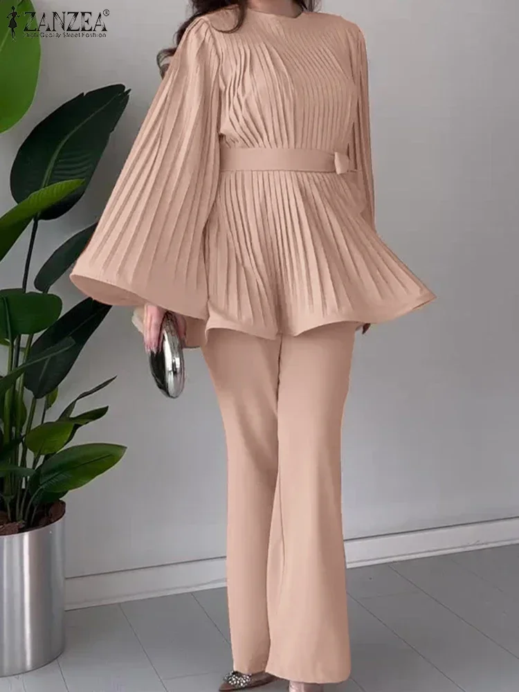 

ZANZEA 2025 Women Sets Office Ladies Suits Sets Elegant Fare Sleeve Pleated Tops Wide Leg Pants Belt Casual Two-piece Outfits