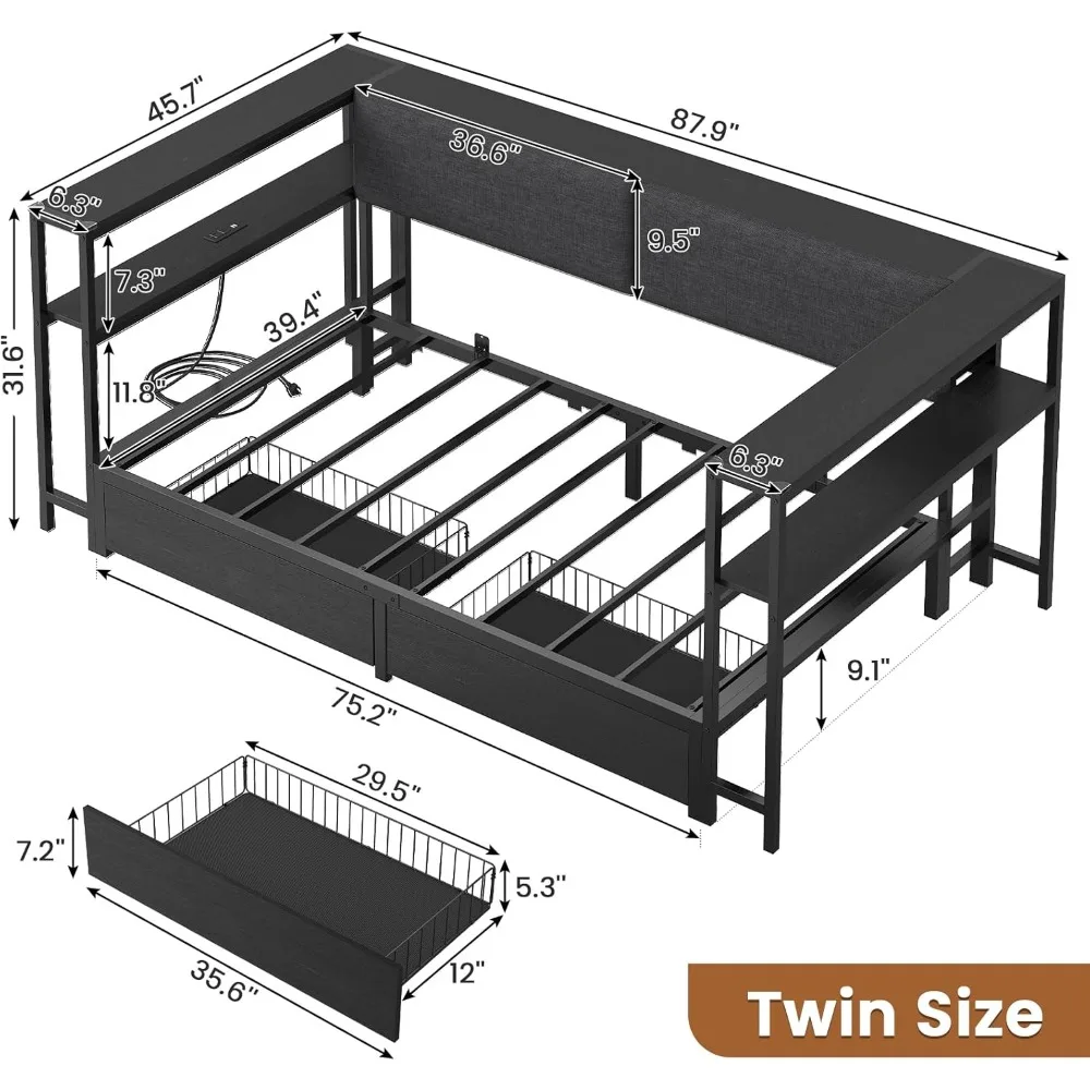 Espreguiçadeira dupla com estante de armazenamento e gavetas, estrutura de cama para quarto infantil, unidade de tamanho duplo com estação de carregamento, cama de canto