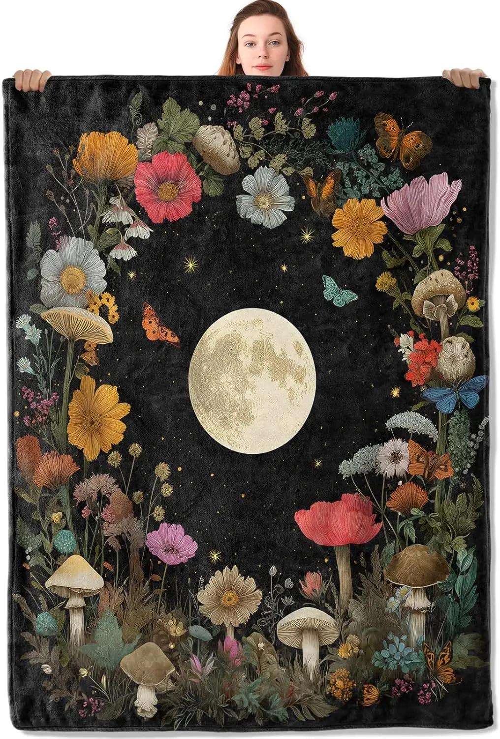 Fantasy Floral Flannel Blanket Full Moon Mushroom and Starry Sky Design Warm Lightweight Throw Blankets for Sofa Picnic Travel