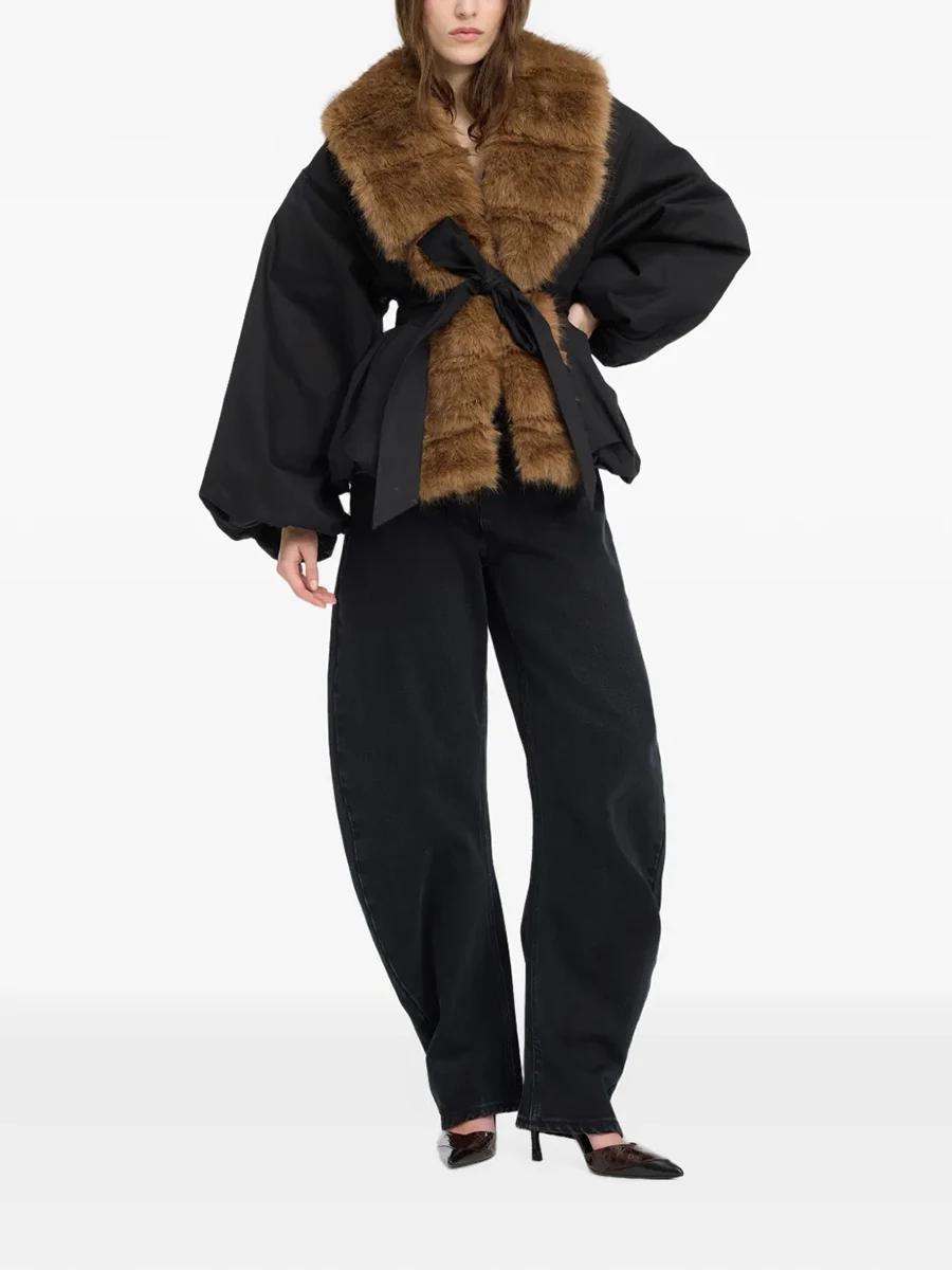 Women's Faux Fur Coat Belted Black Peplum Winter Jacket Fluffy Collar Long Tie Waist Lantern Sleeve Old Money Luxury Fashion