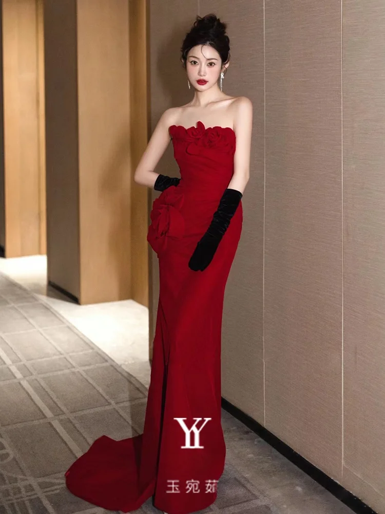 

Ele Red Fi Tail Wedding Dr Women's Host Ceremony Gown Epie of Luxury Sensation Suitable for Various Ocns