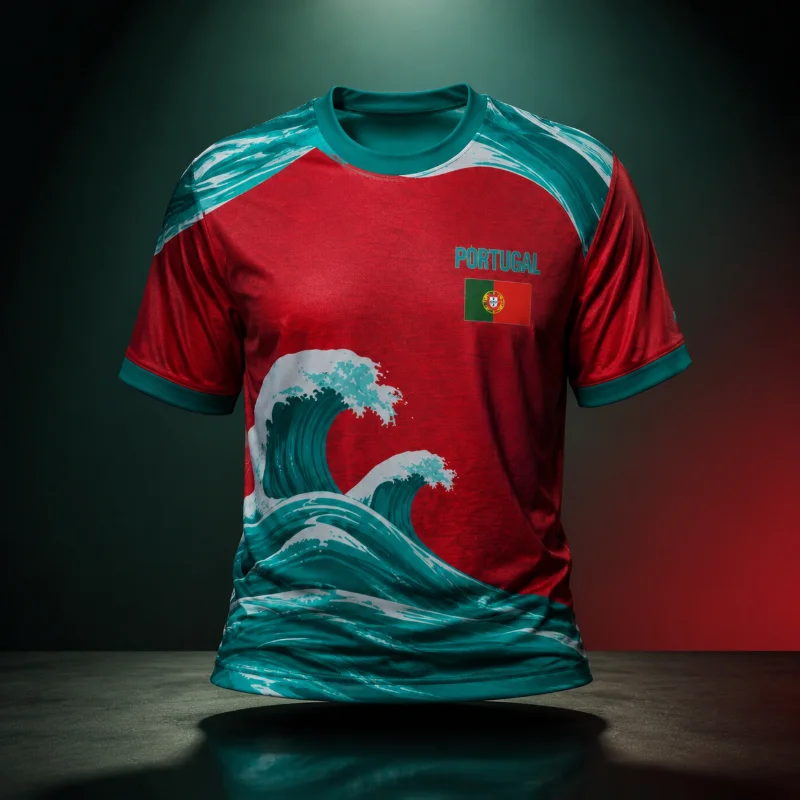 3D Printed Portuguese Wave Shoulder Football Jersey, Quick Drying Breathable Tee Suitable for Daily Casual Tops of Street Fans