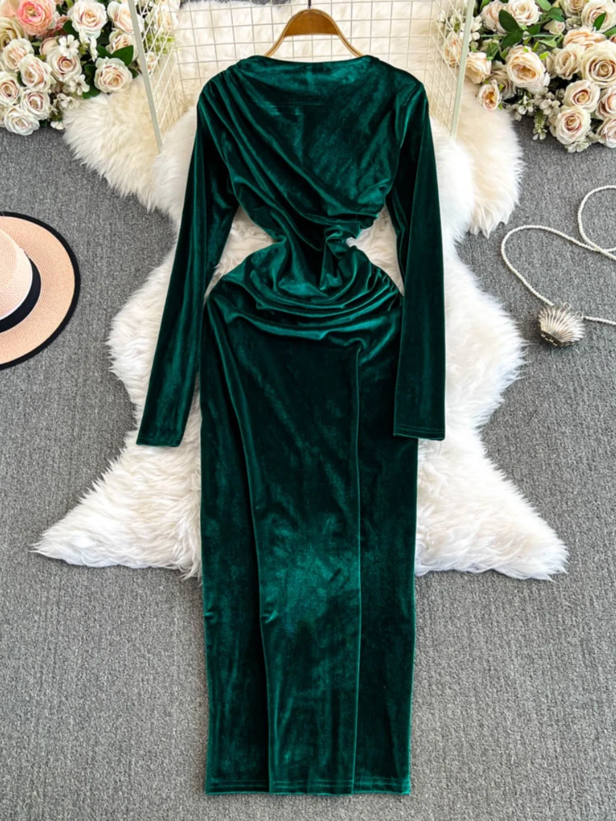 Faionable Sexy Lungo Sve Dimagrante Aderente Velluto Dr rotondo Ne Vita alta A-Line Midi Dr Coreano Sle Pendolarismo Dr