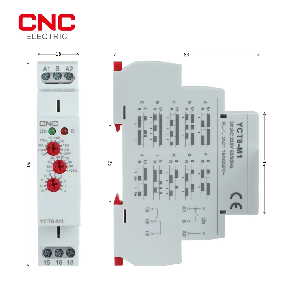 CNC YCT8-M Series 16A AC 230V Din Rail Type Time Delay Relay Multifunction Timer Relay with 10 Function Choices