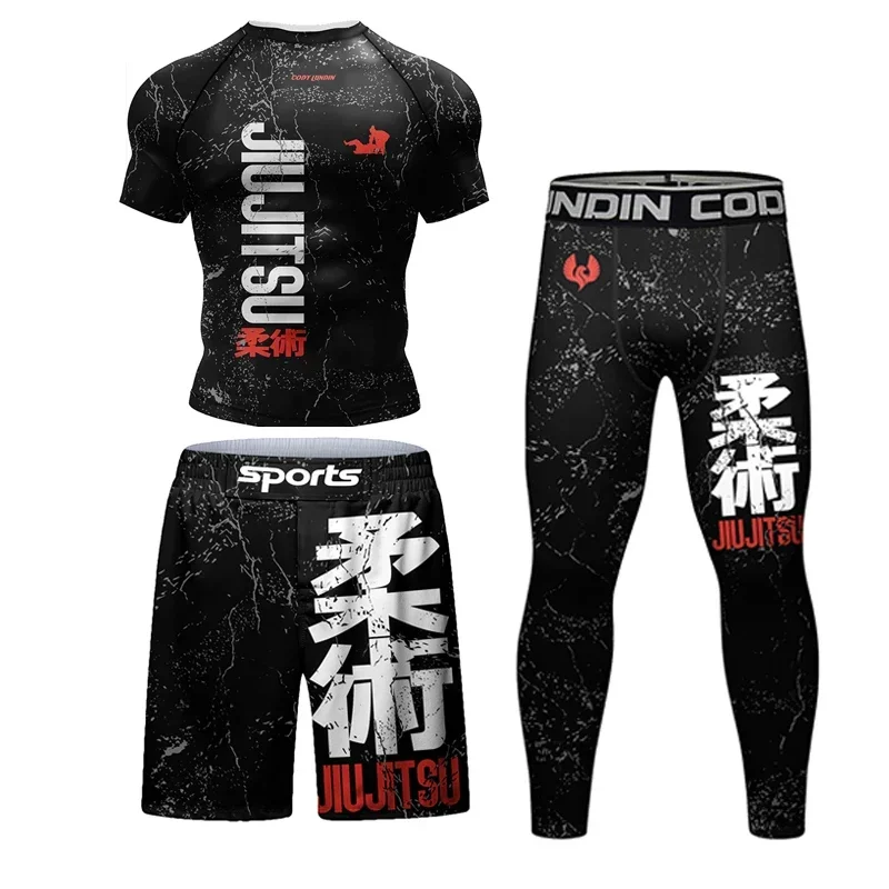 New Jiu Jitsu Rashguard MMA T-shirt +Pants For Men 4PCS/Set Brazilian Grappling Bjj Boxing Rash Guard Sport Clothing Gym Shorts image 3