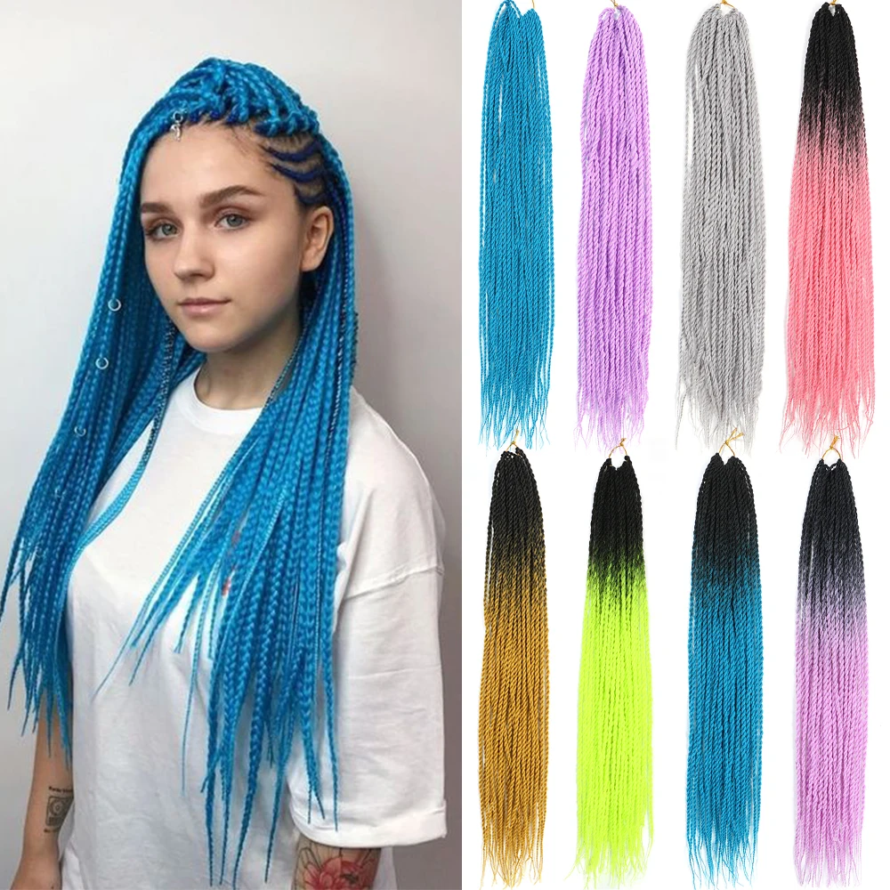 Trenzas senegalesas de ganchillo, extensión de cabello trenzado sintético, color azul, rosa y marrón, 30 hebras por paquete, 24 pulgadas