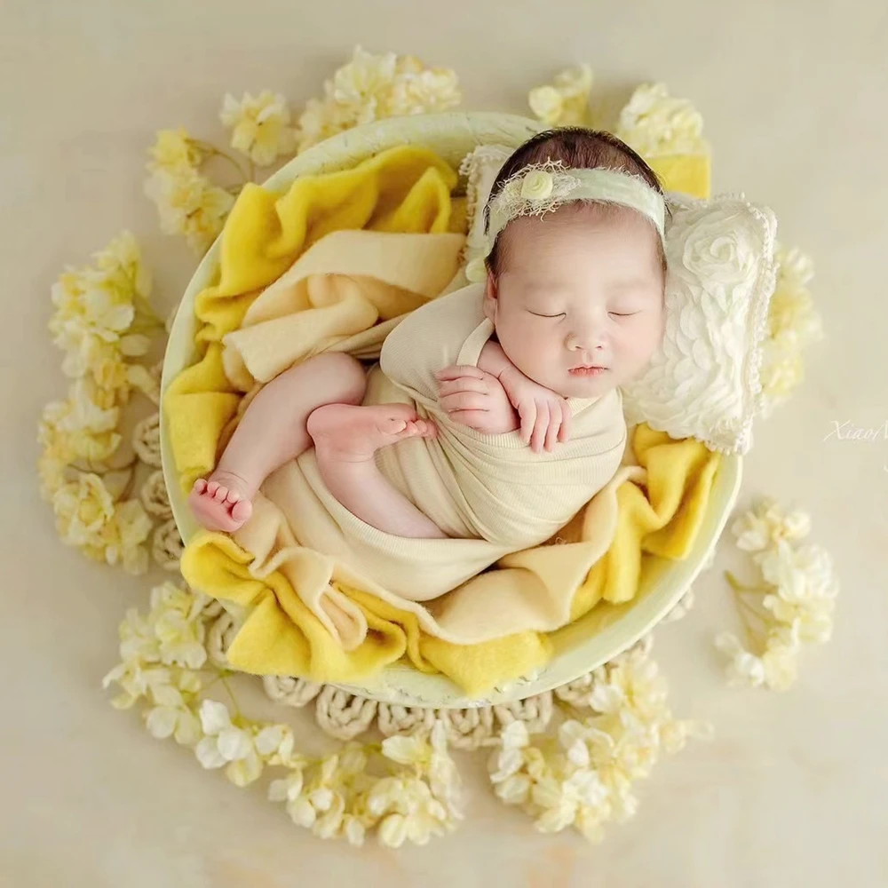 Cotton Baby Wrap Newborn Photography Props Stuffed Baby Pillow Newborn Layer Flower Headband Infant Photo Shoot Accessories