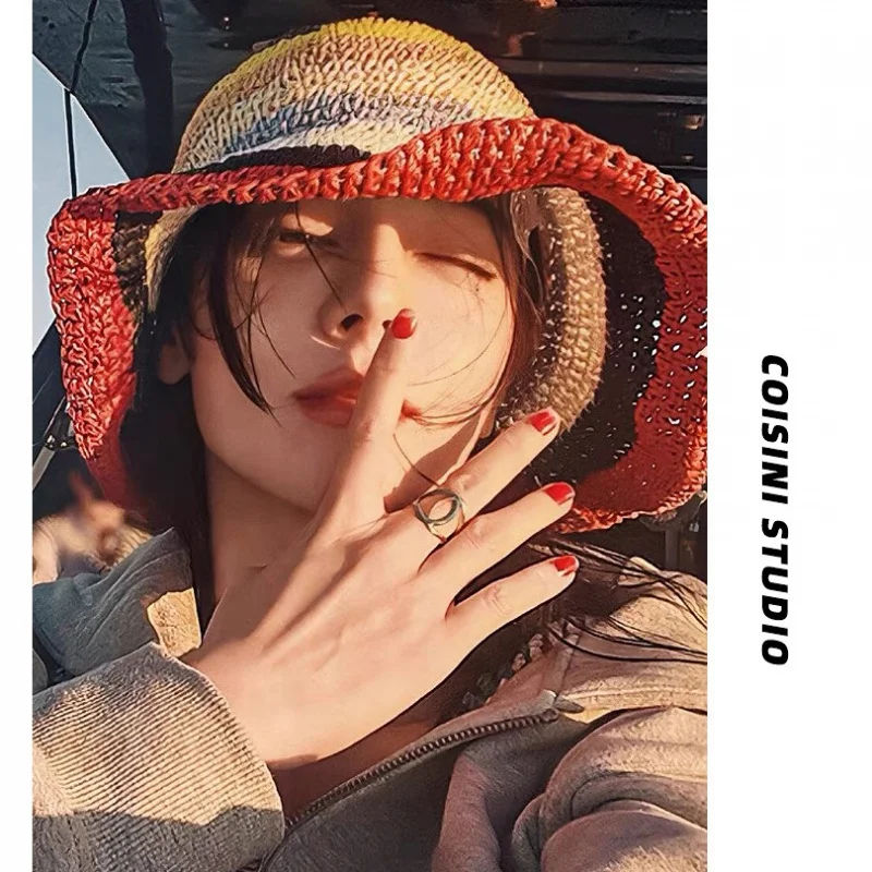 Dilireba Same Style Dopamine Straw Hat for Women Spring Summer Outing-Proof Hand-Woven Bucket Hat