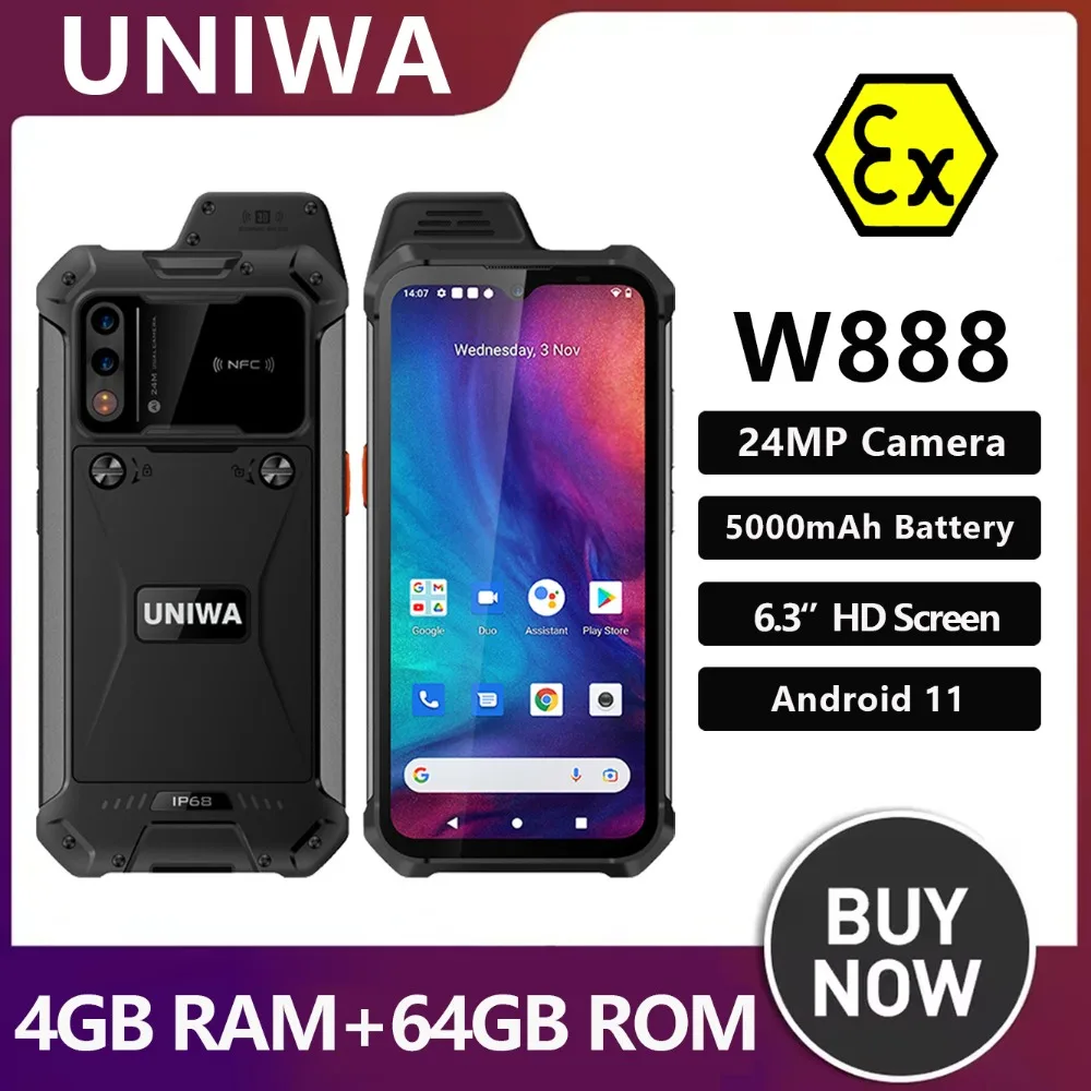 UNIWA W888 ATEX Explosion Smartphone IP68 4GB+64GB Andriod 11 MT6765 Helio P35 Octa Core 6.3“ HD Screen 5000mAh Mobile Phone NFC