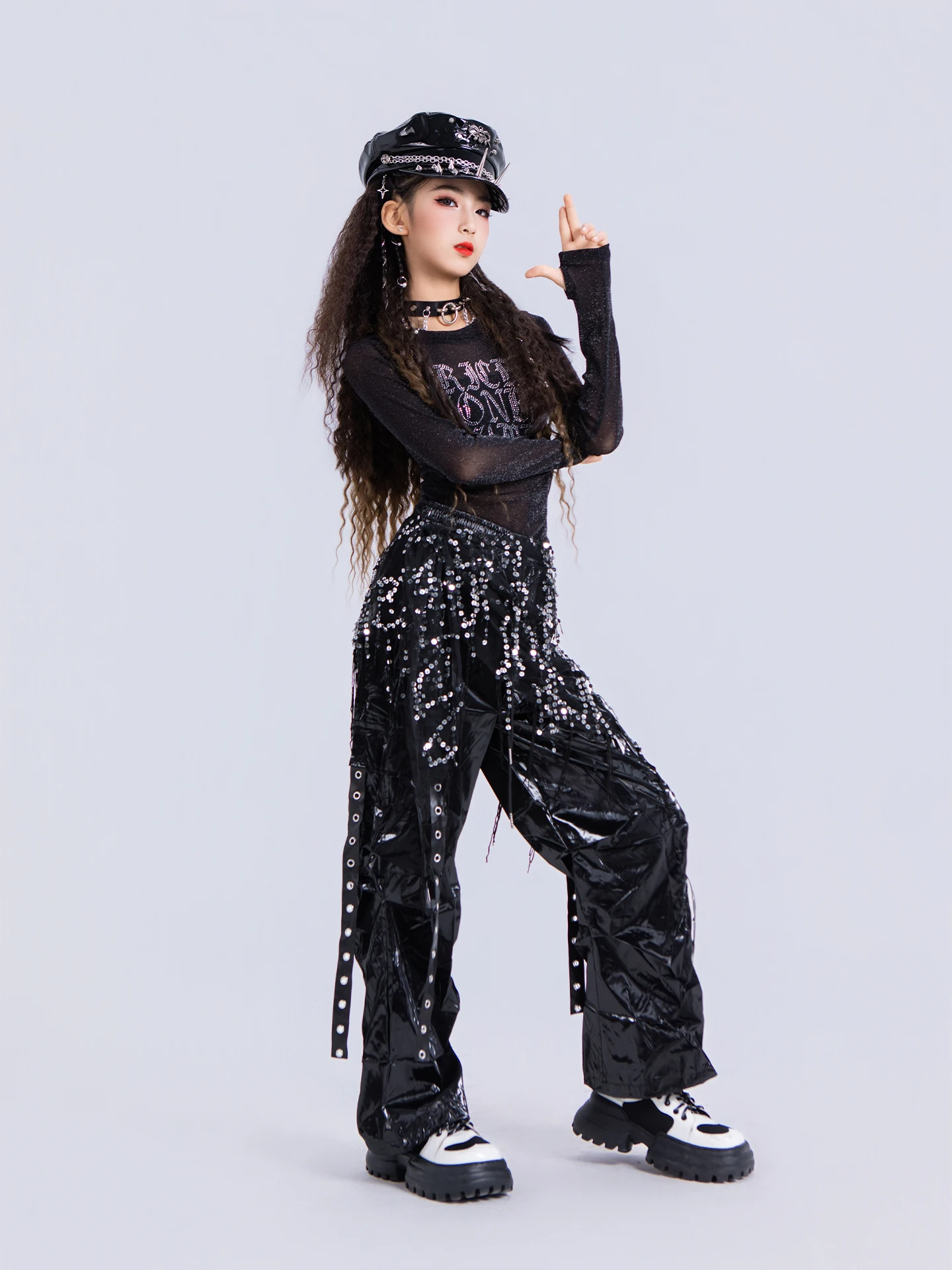 2025 الأطفال الهيب هوب الرقص أزياء مسرحية شبكة القمم بنطال جلدي Kpop وتتسابق للفتيات الجاز الرقص مرحلة الملابس DQS21649