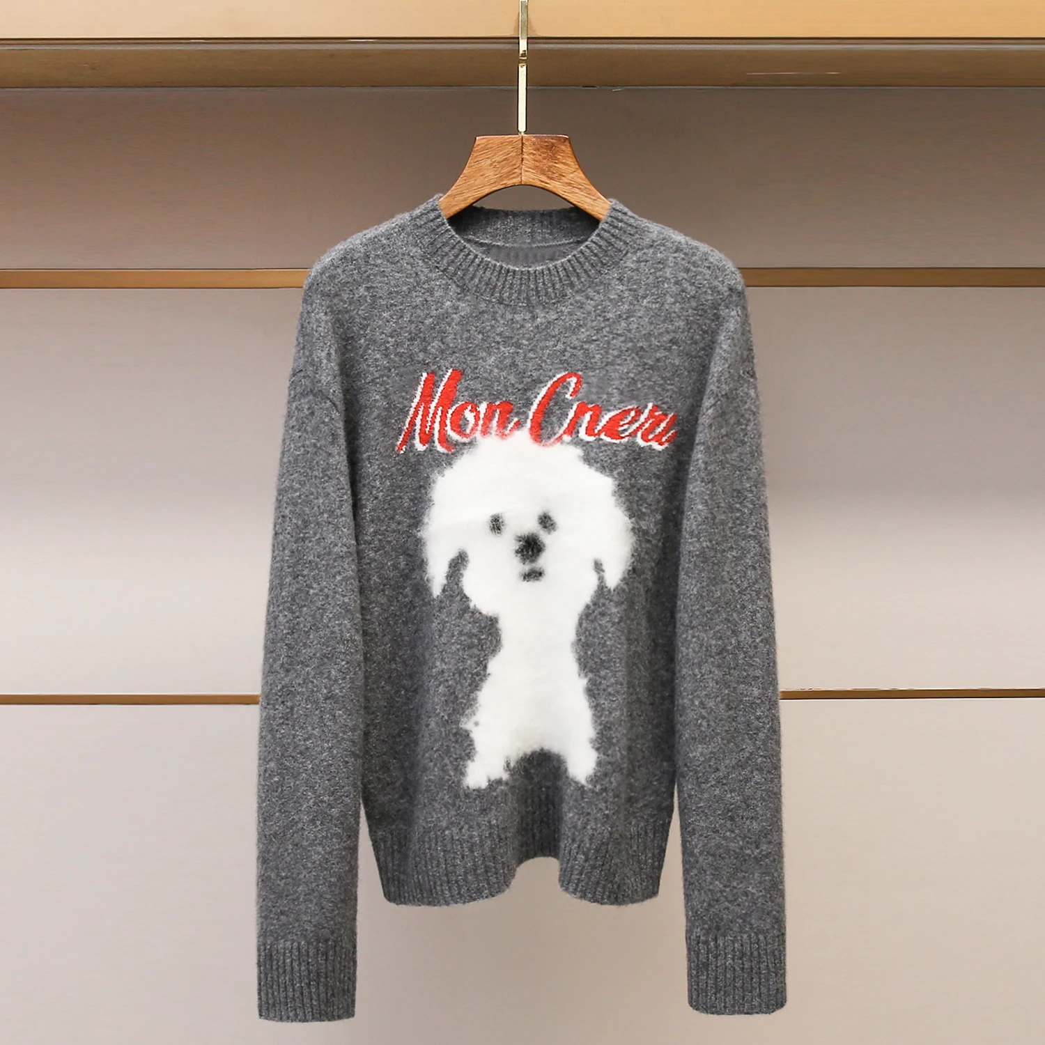 

High-End Winter Knitted Sweater Women's round Ne Plu Pet Print Doggy Soft Medium Thin Long Sve Overhead Coat