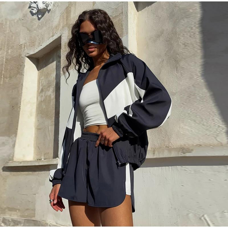 Farbblock-Zweiteiler mit Reißverschluss, Langarm-Stehkragenjacke, Sportshorts mit elastischem Bund, Damen 2026 Sommer Casual Chic Sets – Detail 14