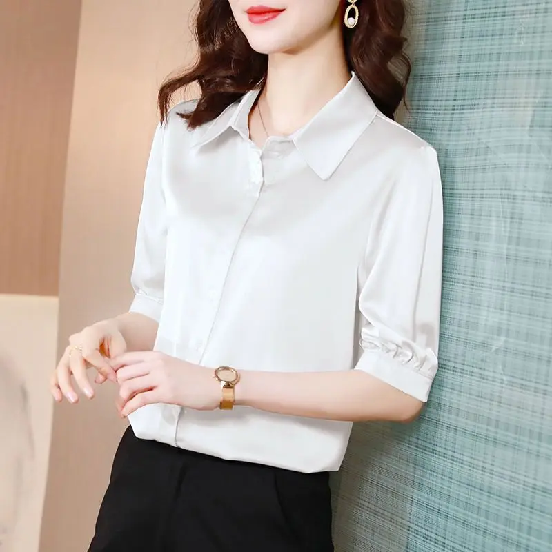 Temperament Button Loose Blouse Summer New Short Sleeve Polo Neck Solid Color Office Shirt Tops Fashion Elegant Women Clothing