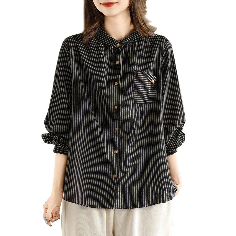 Camisa de manga larga a rayas de lino bohemio para mujer blusa ajustada holgada de talla grande