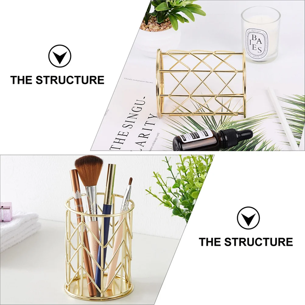 Desk Accessories Wrought Iron Storage Tube Office Pen Holder Makeup Brush Organizer Penholder Desktop Golden Container Tabletop