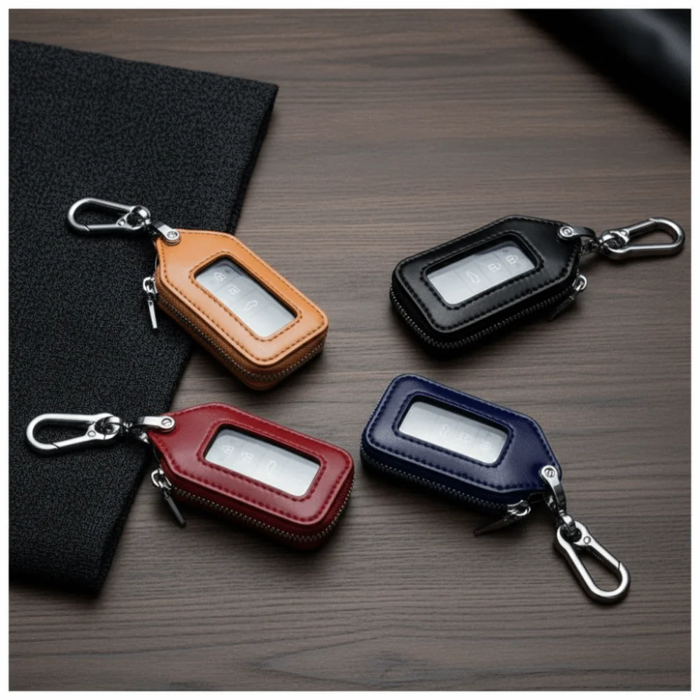 Durable Key Protection Case PU Leather Zipper Purse Car Key Holder Square Design Transparent Window Key Bag Case