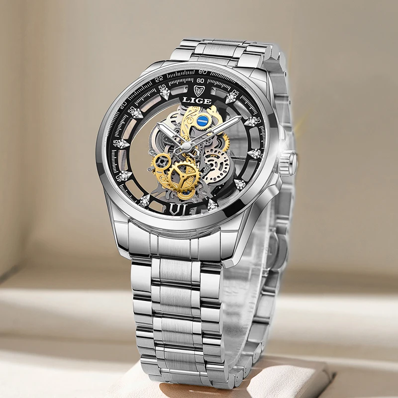 LIGE Fashion Top Luxury Men's Watches Skeleton Automatic quartz wristwatch Retro watches for men Gift Watch Brand Luxury reloj