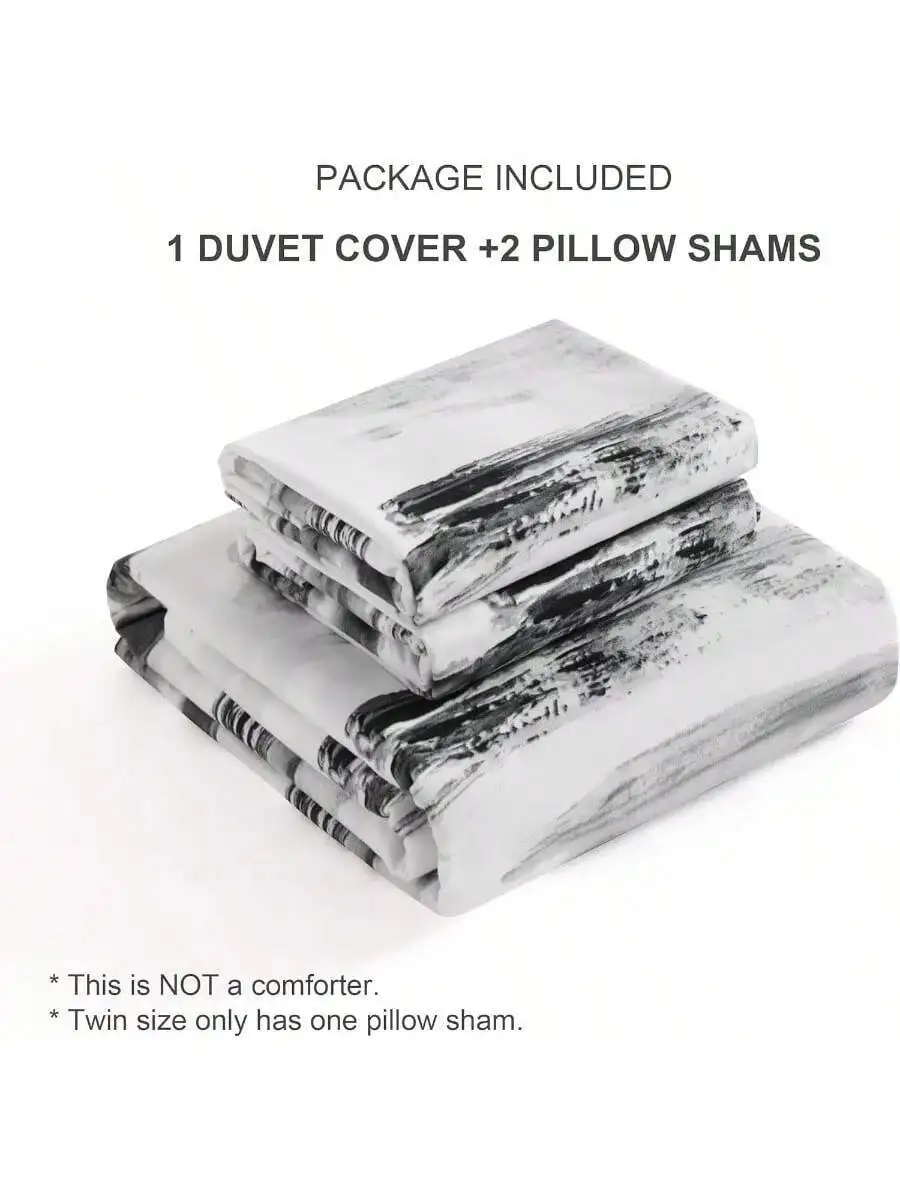 

3 Pieces Ink Pattern Duvet Cover Set Brushed Microfiber Black White Queen Size With Zipper And Pillow Shams