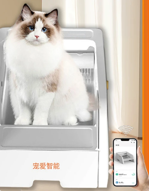 インテリジェント自動猫用グリッターボックス,大きな半密閉型引き出し,ショベルと点滅する砂のフリー,特別なアプリ