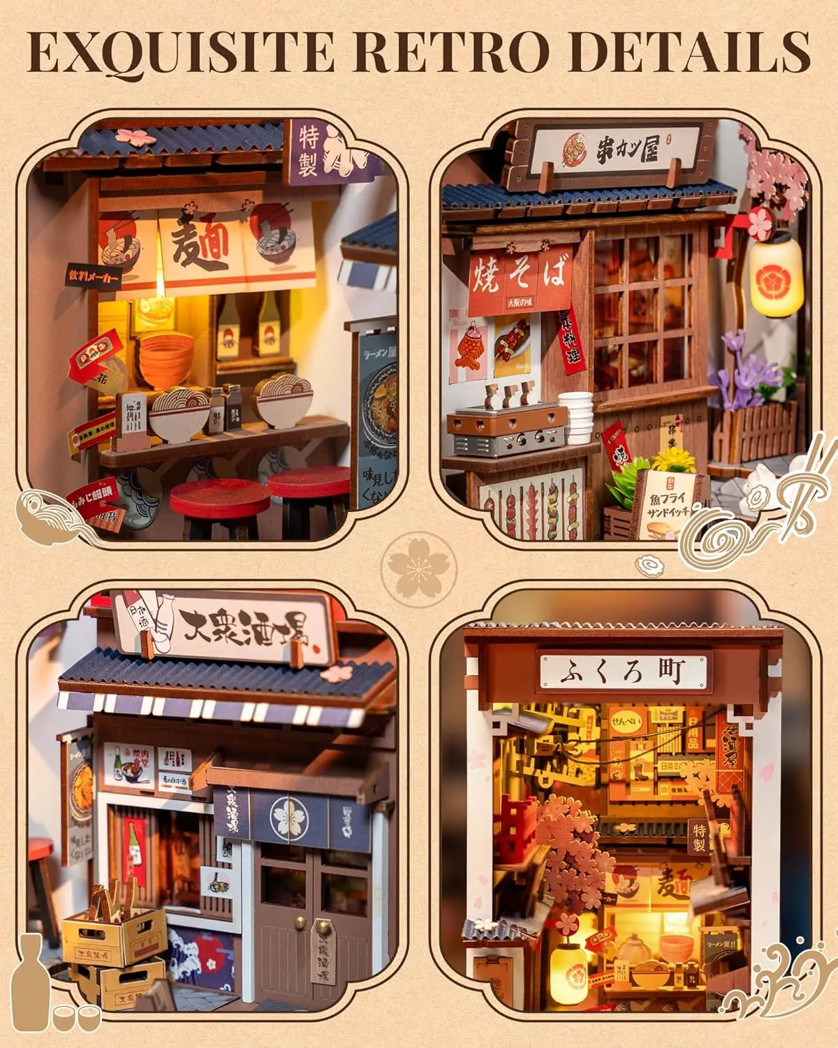 Robotime SAKURA Wine Alley DIY Booknook พร้อมไฟ DIY Miniature บ้านตุ๊กตาชุด 3D ปริศนาไม้ Bookend ชั้นวางหนังสือตกแต่งของขวัญ