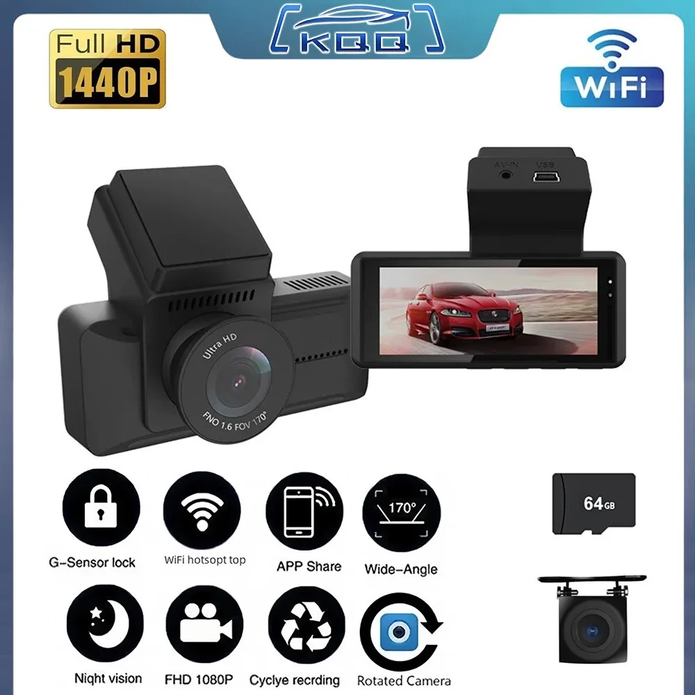 KQQ 1440P Wifi Dashcam Mini Car DVR Video Recorder with 24H Parking 1080P Rearview Camera Night Vision Black Box