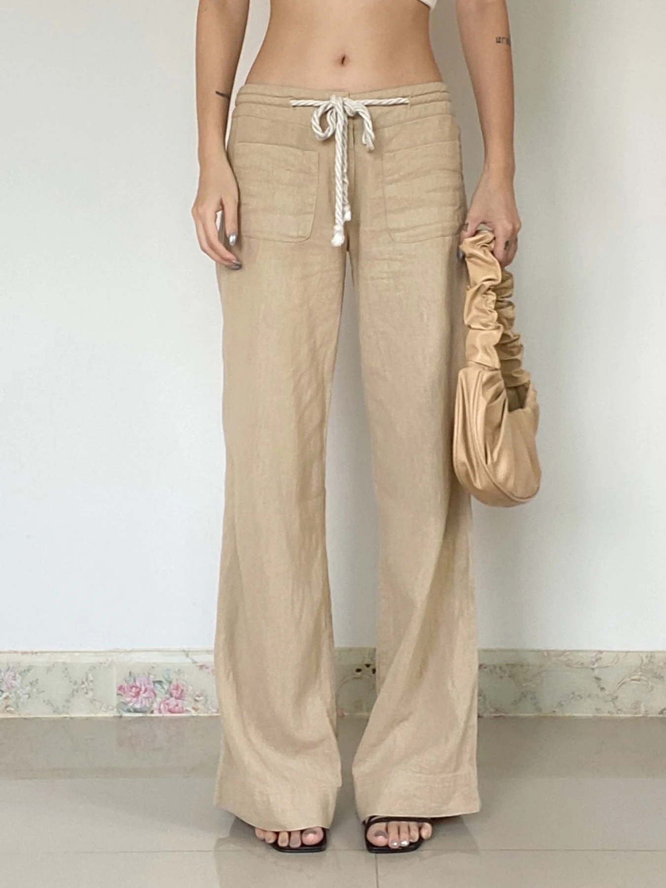 Weekeep Vintage y2k kaki pantalon droit Streetwear poches à lacets taille basse pantalons décontractés pour femmes 90s Harajuku pantalon basique