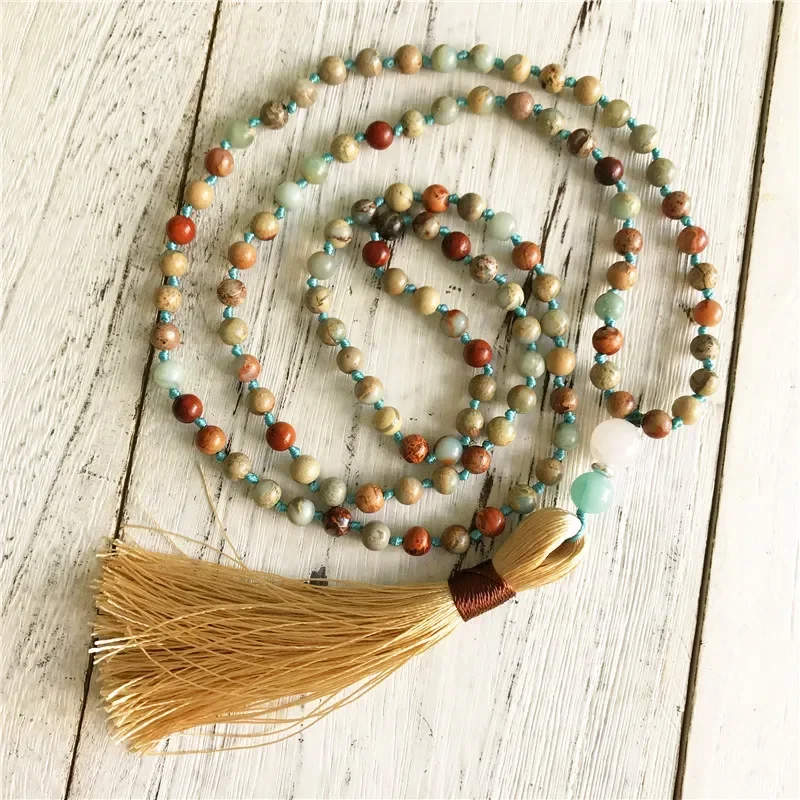 108 Mala Perlenkette Weiß Quarz Halskette Verknotet quaste Halsketten Gebet Yoga schmuck Rudraksha Meditation Mala Halsketten – Detail 6