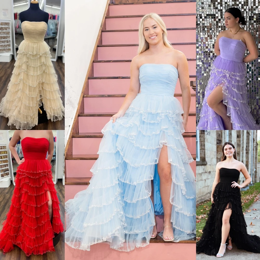 Strapless Formal Party Dress Ruffles Beaded Skirt Lady Pageant Junior Senior Prom Evening Event Gala Cocktail Red Carpet Gown