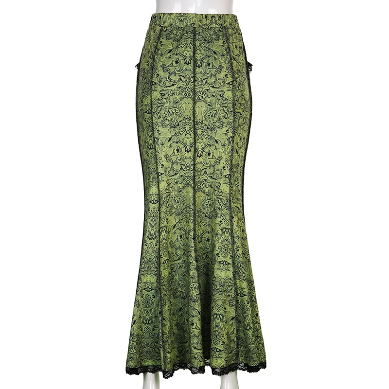 Darlingaga Vintage Fashion Elegant Green Trumpet Long Skirt Graphic Printed Lace Trim Y2K High Waist Skirt Women 2000s Aesthetic