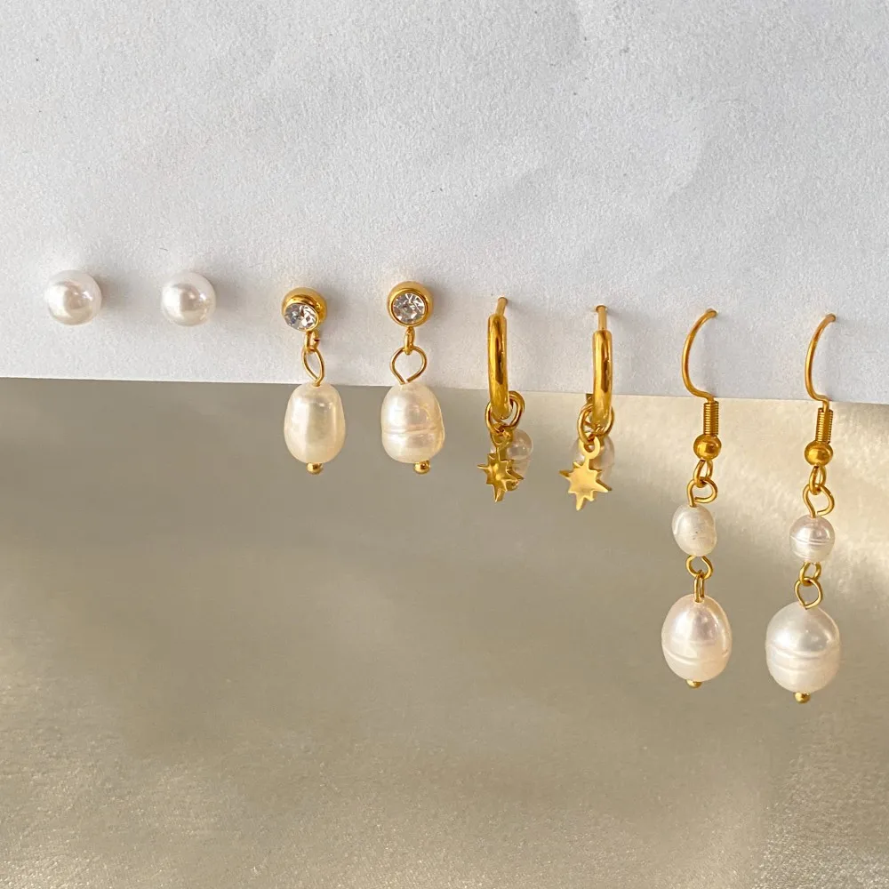 eManco أقراط لؤلؤ المياه العذبة الفولاذ المقاوم للصدأ المرأة مجوهرات سلسلة قطرة مثقوب أقراط اللؤلؤ والمجوهرات مجموعة هدية بالجملة #6