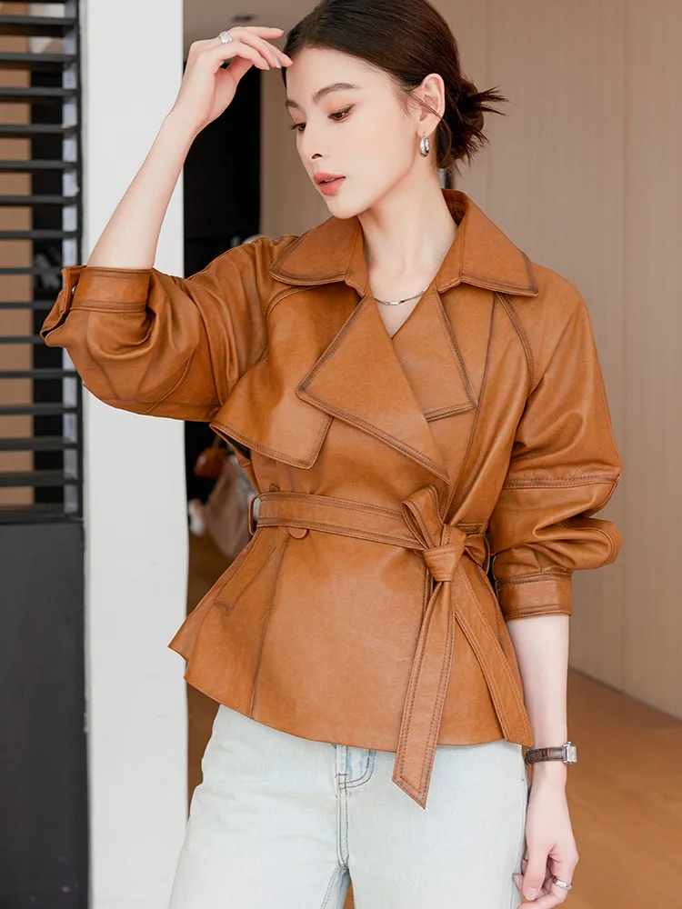 Chaqueta de cuero genuino a la moda para mujer, fajas Vintage ajustadas, cortavientos de piel de oveja de estilo corto, ropa de abrigo informal