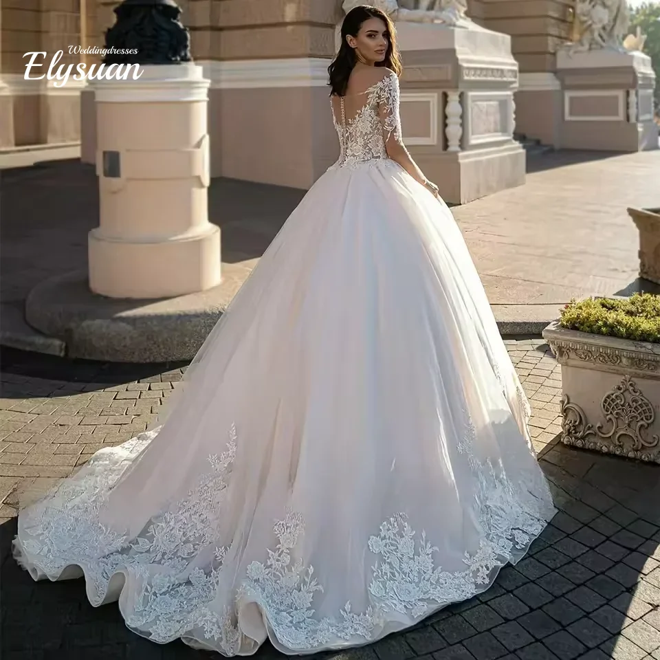 Personalizado elegante vestido de baile mangas compridas colher pescoço escova trem vestidos de casamento apliques vestidos de novia