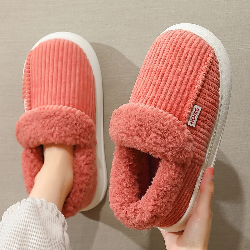 Plus Size 48-49 Winter Couple Style Solid Color Wrap Heels Plush Slippers Non-slip Warm Women Men Home Cotton Shoes