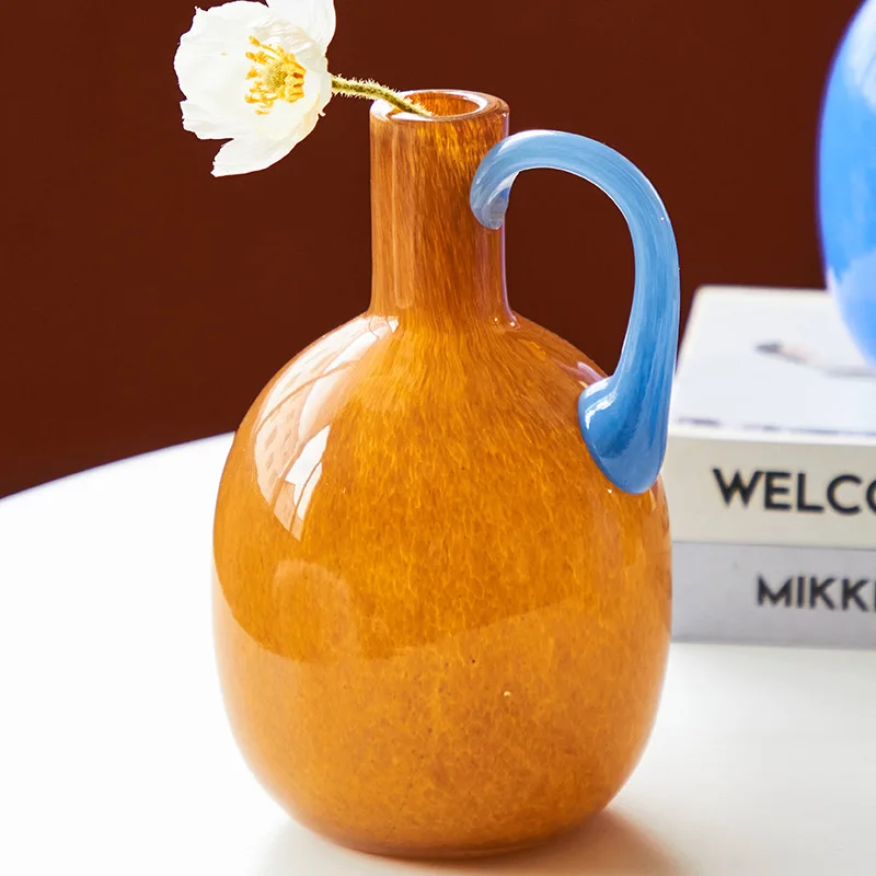 French One-ear Glass Vase Atmosphere Desktop TV Cabinet Soft-mounted Hotel Decoration Hydroponic Color Decorative Bottle